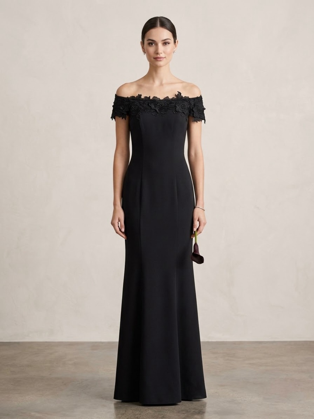 SLNY Black One-Shoulder Evening Gown with Lace Trim